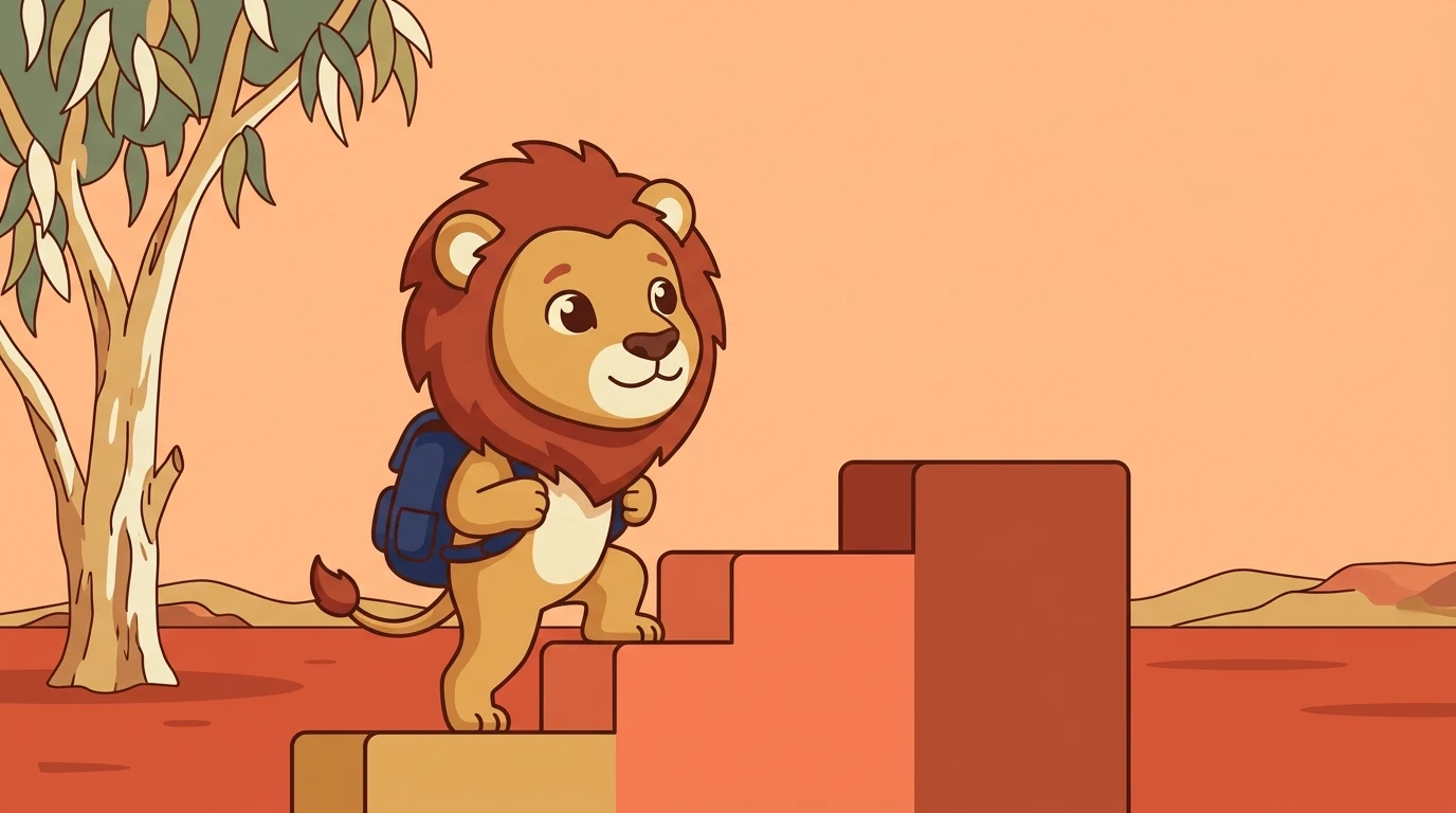 Leo the lion cub with a navy backpack climbing three steps of increasing height, with a eucalyptus tree, red earth and low outback hills behind him