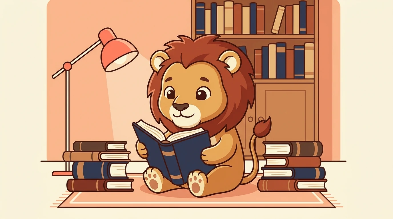 Leo the lion cub sitting on a rug reading a thick old hardback, between two stacks of old books, with a reading lamp and a bookshelf behind him