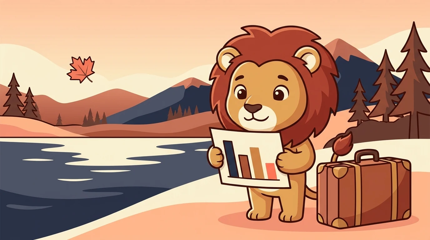 شبل الأسد Leo بجوار حقيبة سفر، يدرس تقرير درجات يحتوي على أربعة أعمدة بارتفاعات مختلفة، مع غابة صنوبر كندية وجبال خلفه