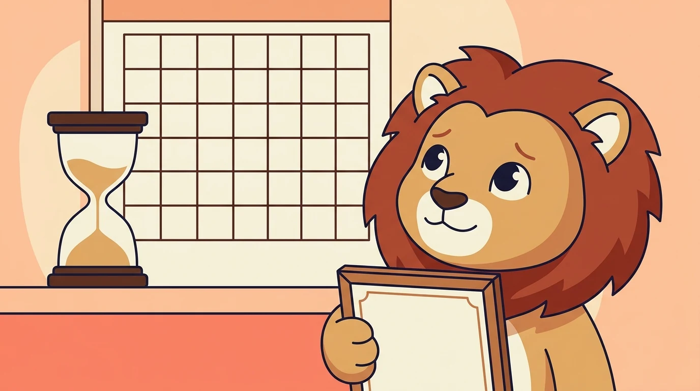 Leo the lion holding an English certificate next to a calendar showing a two-year window