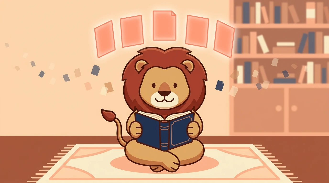 Leo the lion cub sitting on a rug reading an old hardcover book, with a few large glowing cards above him and many small faded cards drifting away