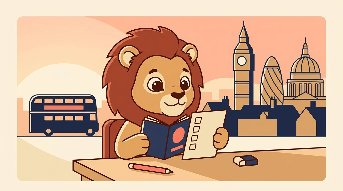 Leo the lion cub at a desk holding a passport and a checklist with four empty boxes, with a London skyline and a red double-decker bus behind him