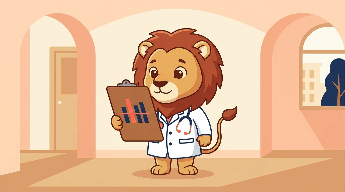 Leo the lion cub in a white doctor's coat with a stethoscope, reading a clipboard that shows four bars and a threshold line, in a calm hospital corridor