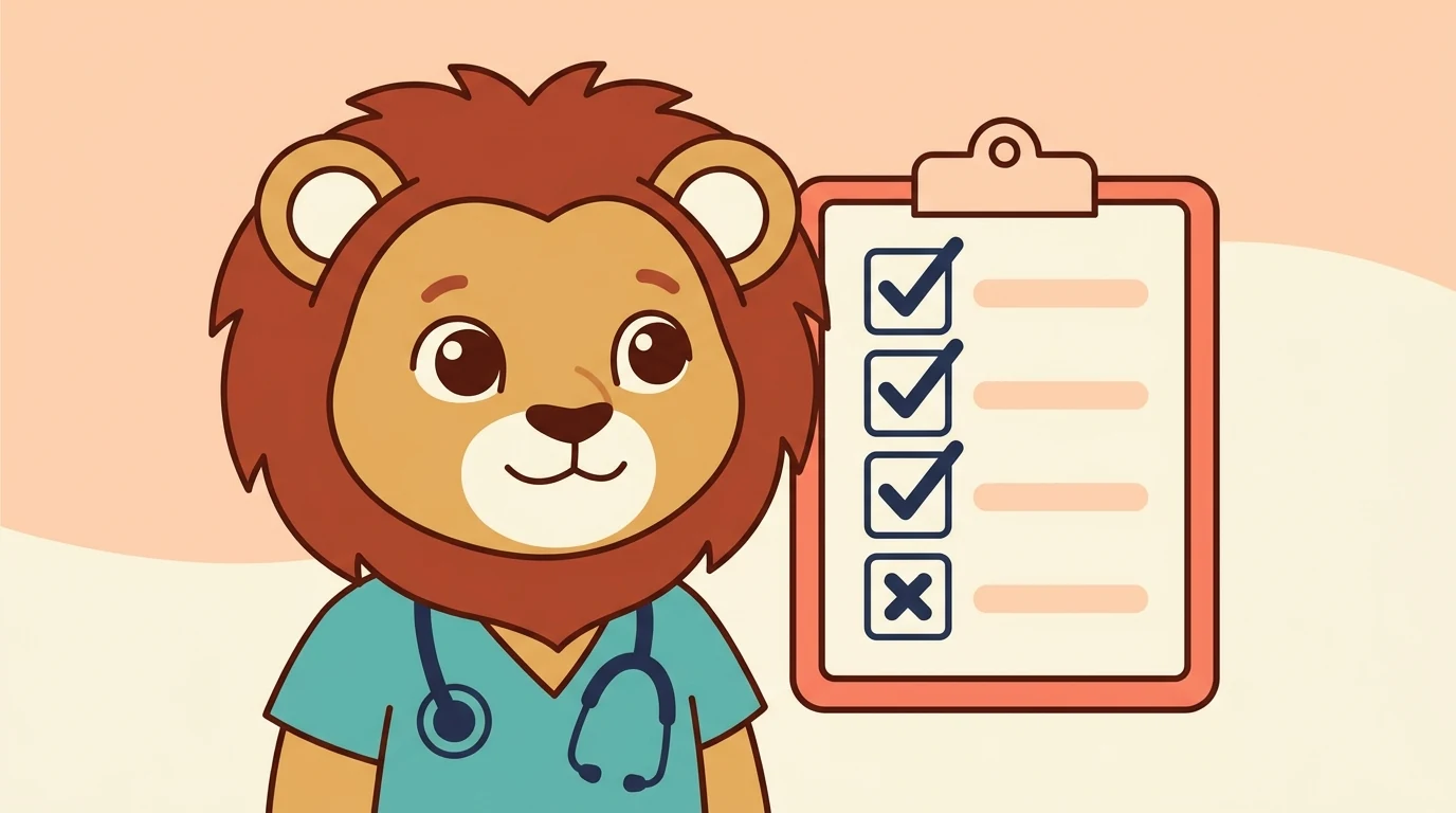 Leo the lion in a nurse's uniform reviewing an IELTS score report against a checklist