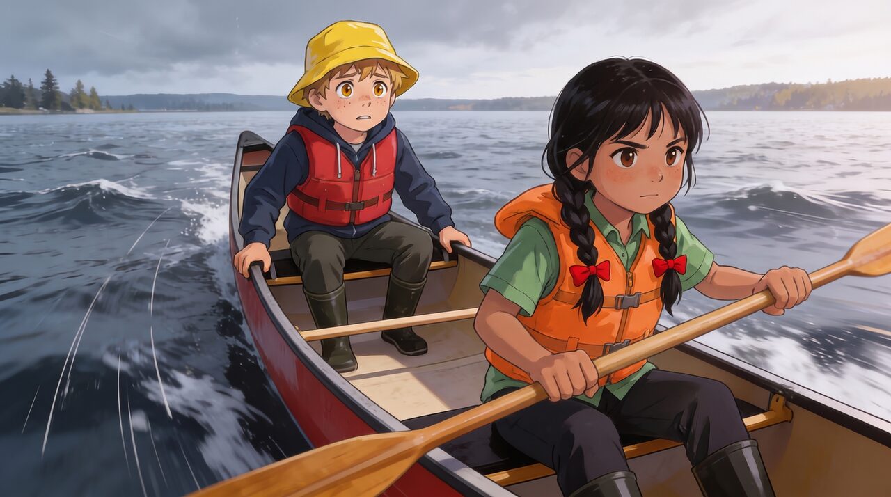 A woman rowing a canoe fast across a lake while a man in a red life jacket sits in front
