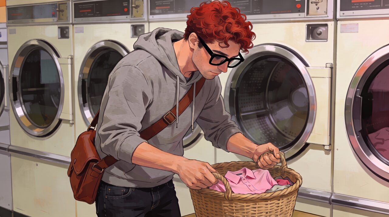 A man in a bright laundromat looking puzzled at a bright pink shirt in his laundry basket