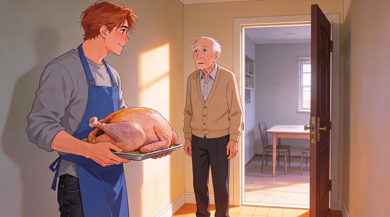 The same young man standing in a hallway holding a raw turkey on a platter while an older neighbour opens his door