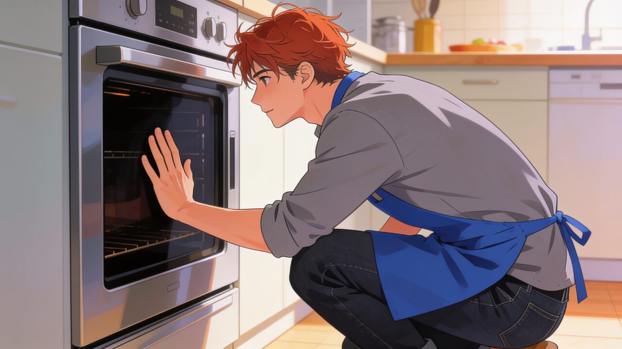A young man in a blue apron crouching in front of his oven, one hand flat on the dark glass door