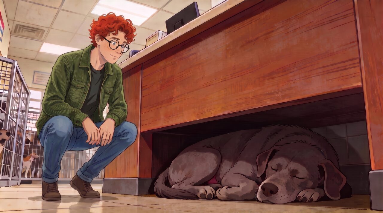 A man in an animal shelter looking down at a huge grey dog asleep under the front desk