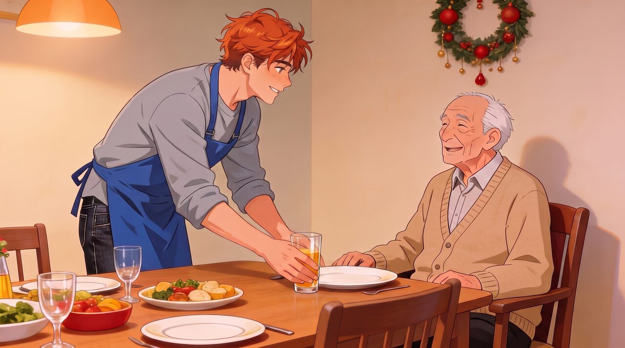 A laid dinner table where the young man pours a drink for the elderly neighbour, now seated with the family
